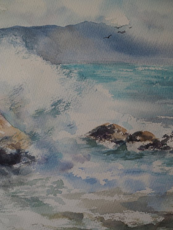 Surf wave in Cadaques, Spain - original watercolor