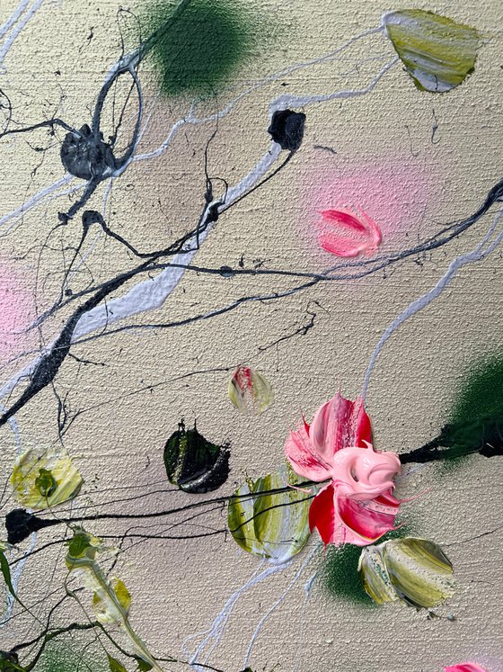 Square acrylic structure painting with flowers "Warm Afternoon II" 60x60x2cm, mixed media