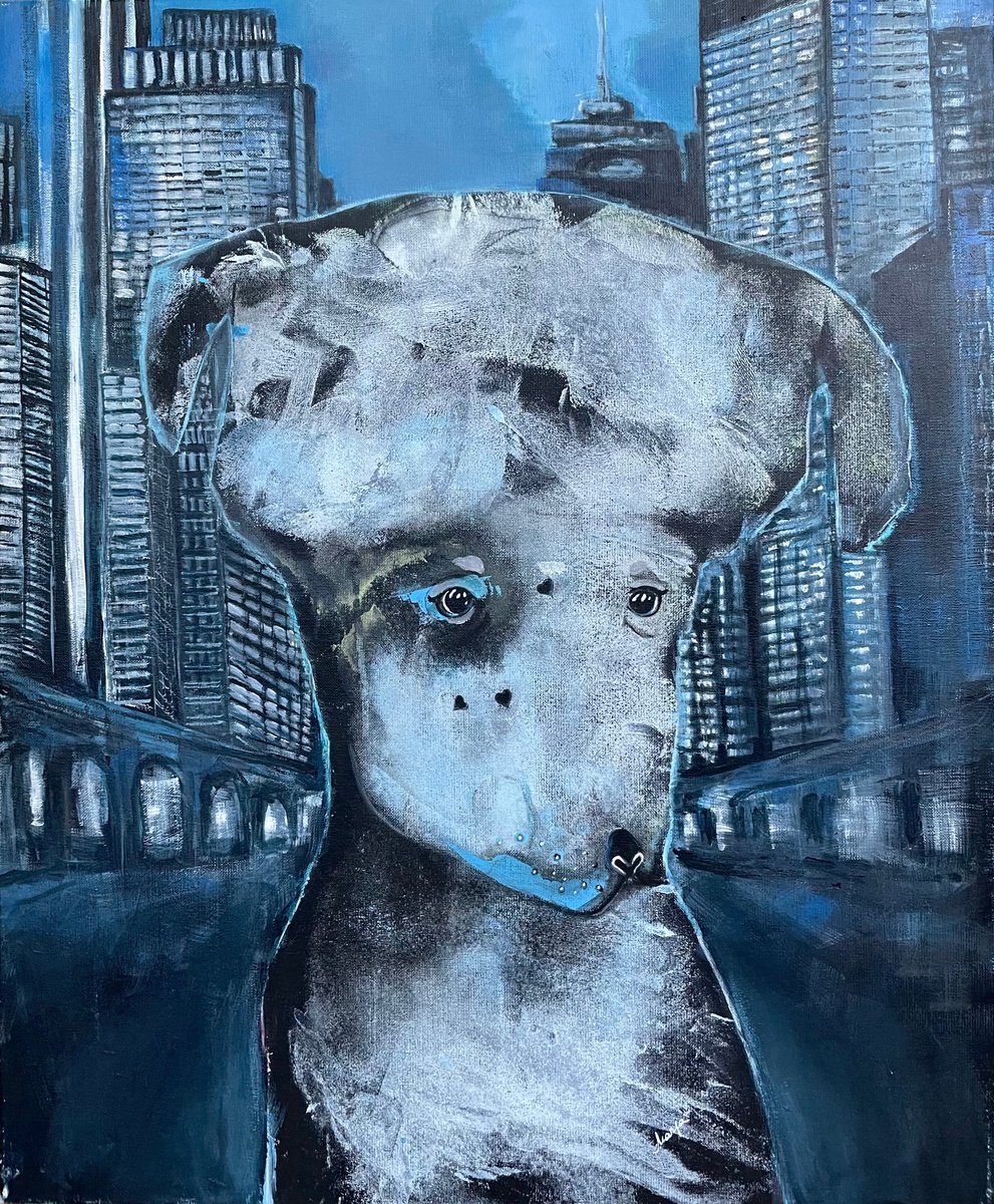 Urban And Pop Animal Acrylic Painting By Maija Nochevnaya, 21 X 24", The Lonely One, Original Artwork