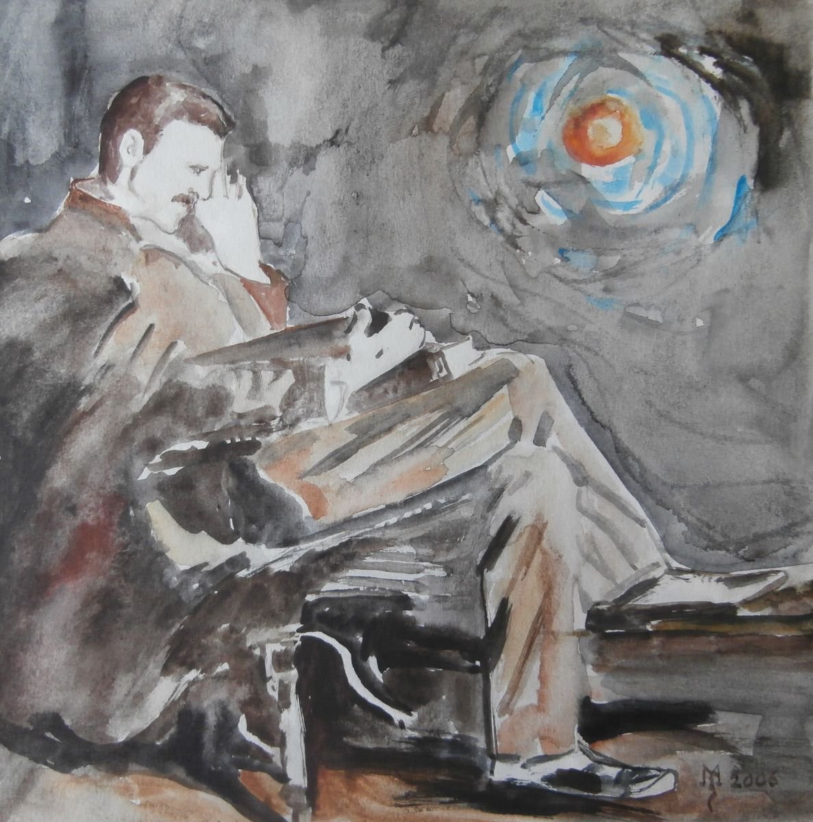 Illustrative Portrait Painting By Zoran Mihajlovic Muza, 8 X 8", Nikola Tesla, Original Artwork