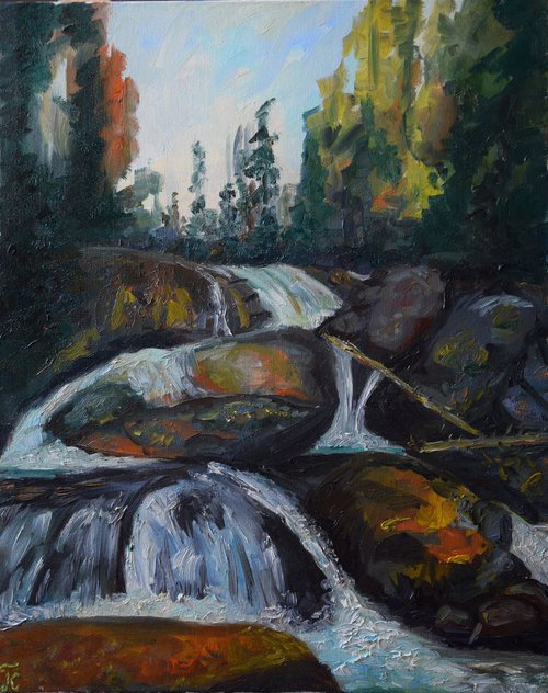 Oil painting Waterfall in High Tatras, Slovakia by Kate Grishakova