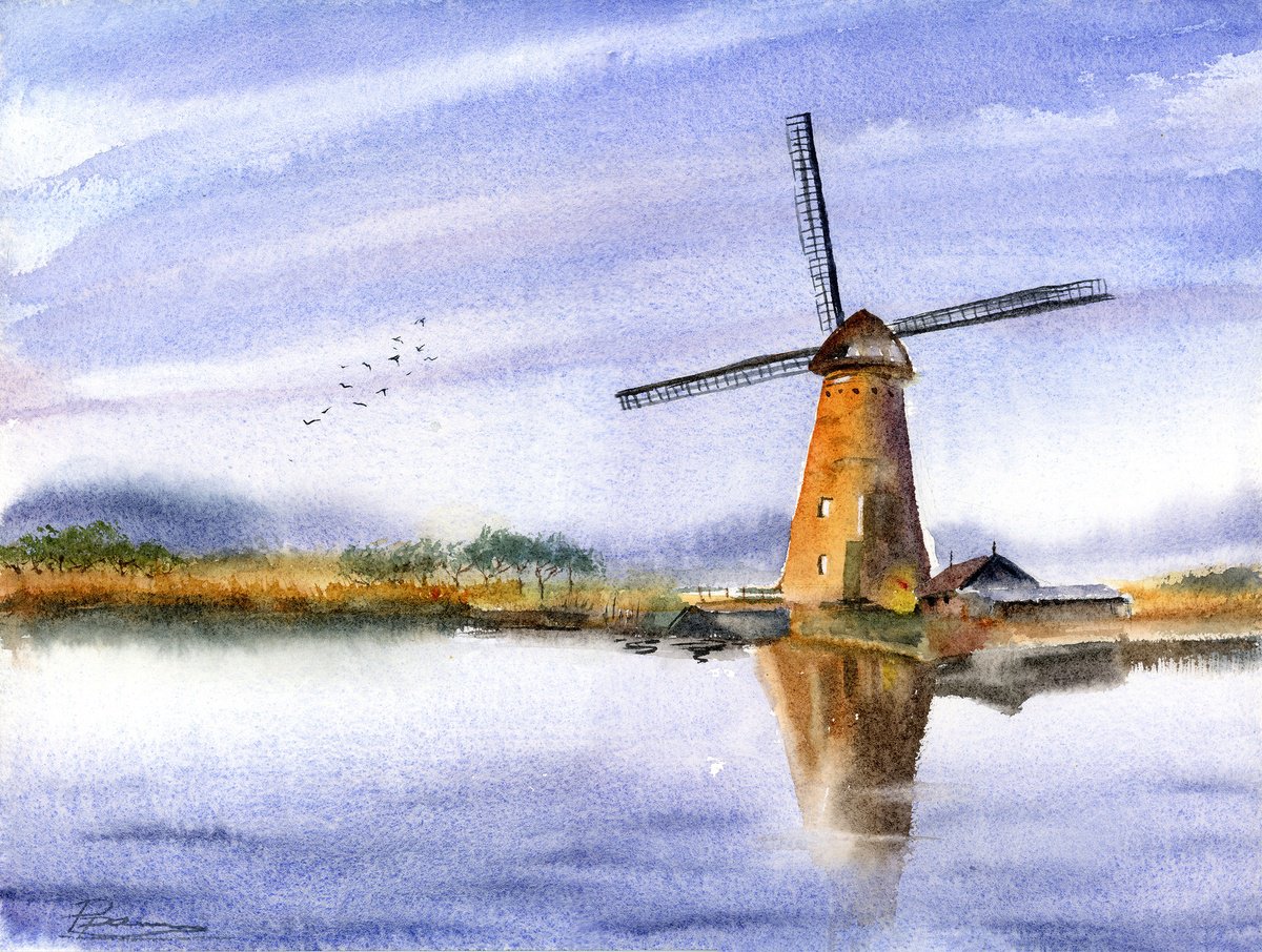 Impressionistic Watercolour , Reflections Of The Windmill By Olga Tchefranov (Shefranov), 15 X 11, Artwork For Sale On Artfinder