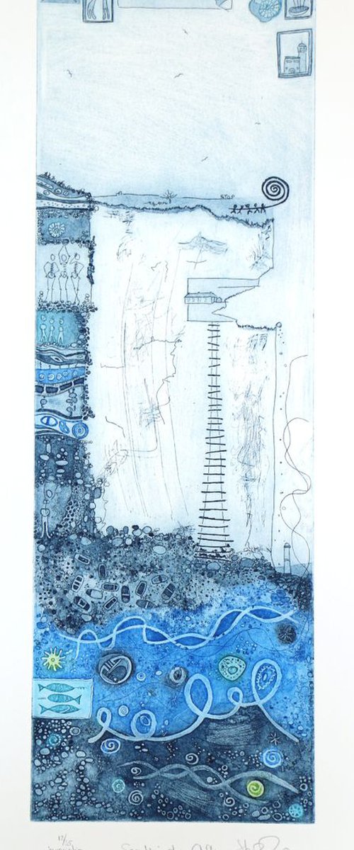 Heike Roesel "Secrets in the cliffs", fine art etching in 2 editions, 35 each (blue) by Heike Roesel