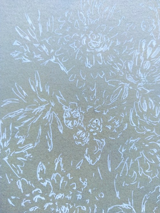 Autumn flowers. Drawing in white ink on gray paper.