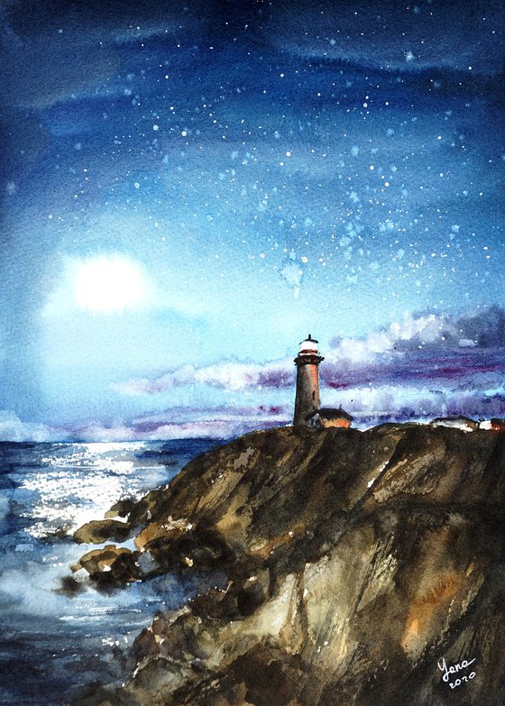 Into the night! ORIGINAL Watercolor Painting - Blue starry sky, ocean, light house