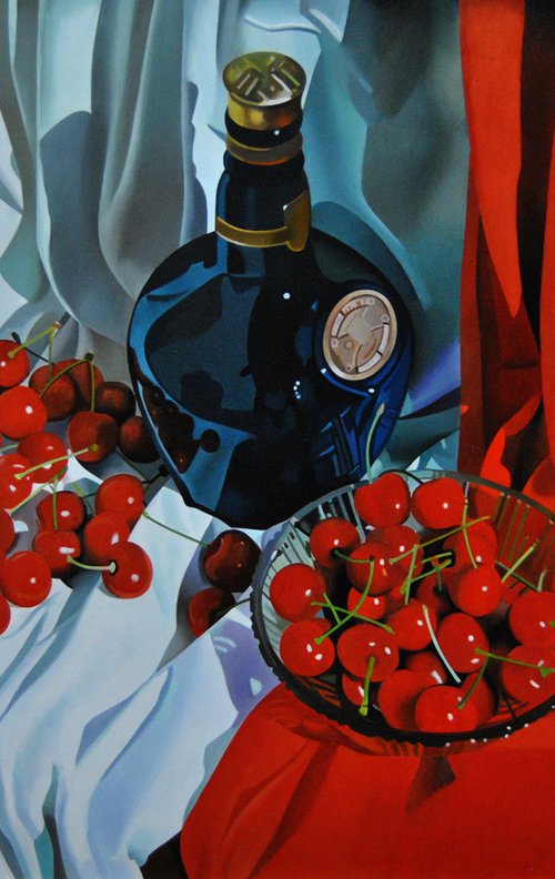 Still life with cherries 2 , Original oil on canvas painting by Valeri Tsvetkov