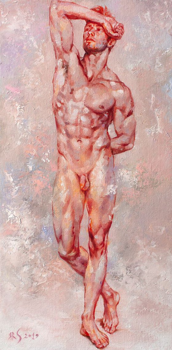 A Study of a Standing Nude Male Model #2 by Yaroslav Sobol - (Modern Impressionistic Figurative Oil painting of a Man Gift Home Decor)