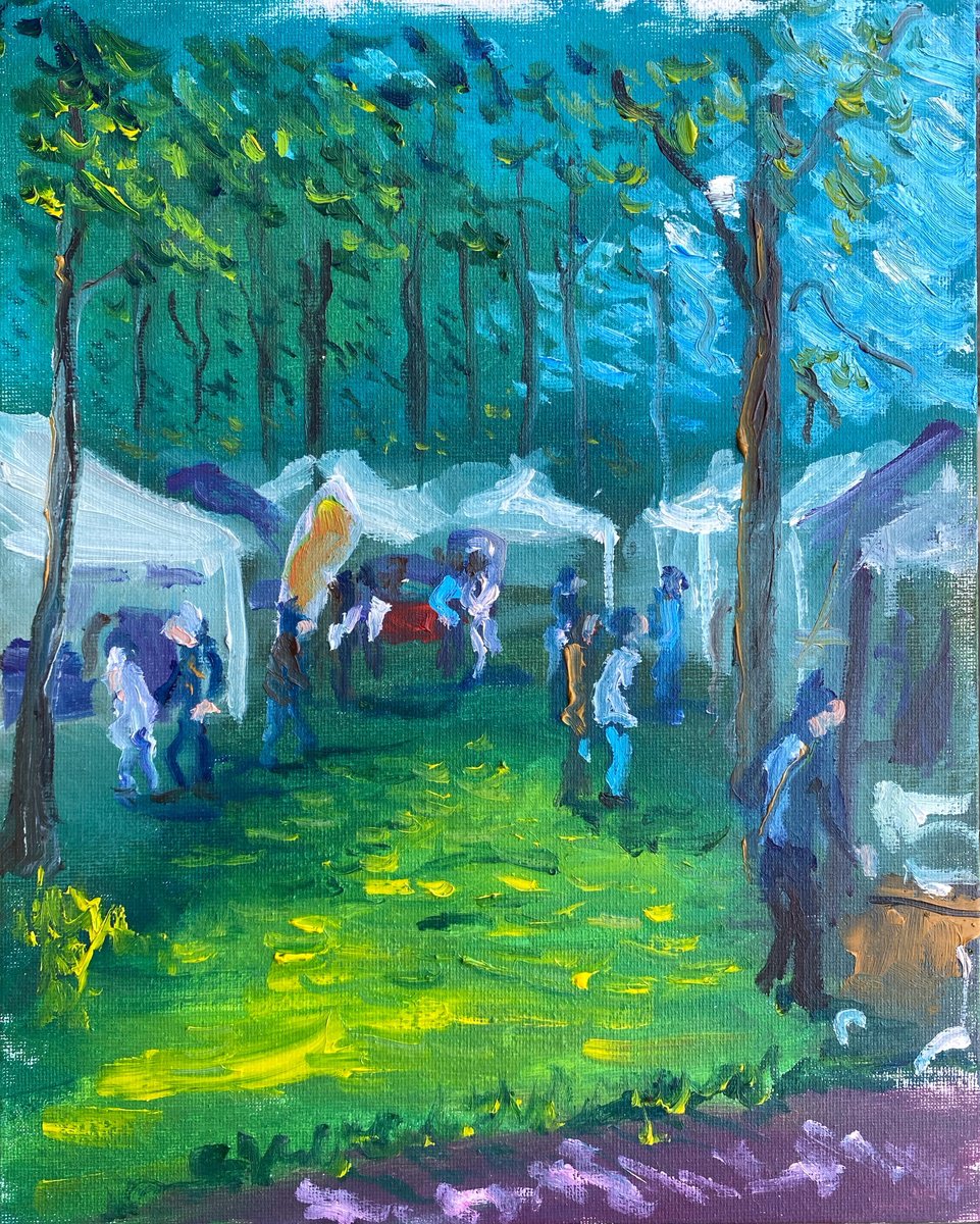 Impressionistic Landscape Oil Painting By Dmitry Fedorov, 9 X 12, Green Glade At Art Festival, Original Artwork
