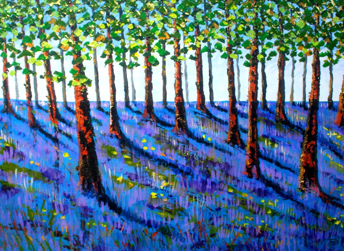 Impressionistic Landscape Acrylic Painting By Paul J Best, 31 X 24", Bluebell Wood V, Original Artwork