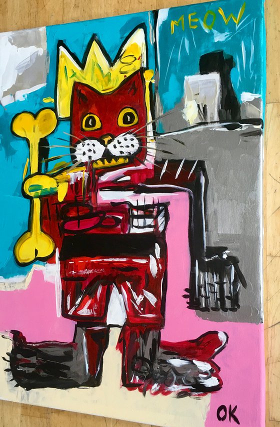 King Cat Troy  in a CROWN ( 71x 51cm, 28 x 20 inches,) version of famous painting by Jean-Michel Basquiat