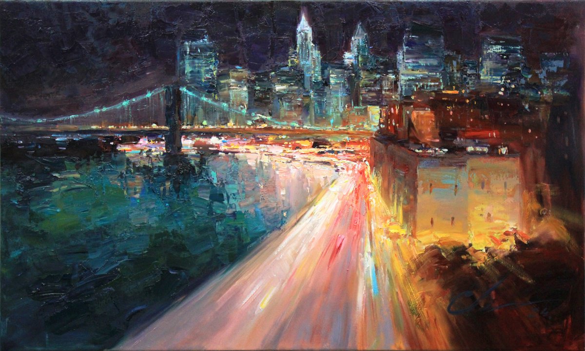Impressionistic Cityscapes Oil Painting By Serhii Cherniakovskyi, 39 X 24", Night In New York, Original Artwork