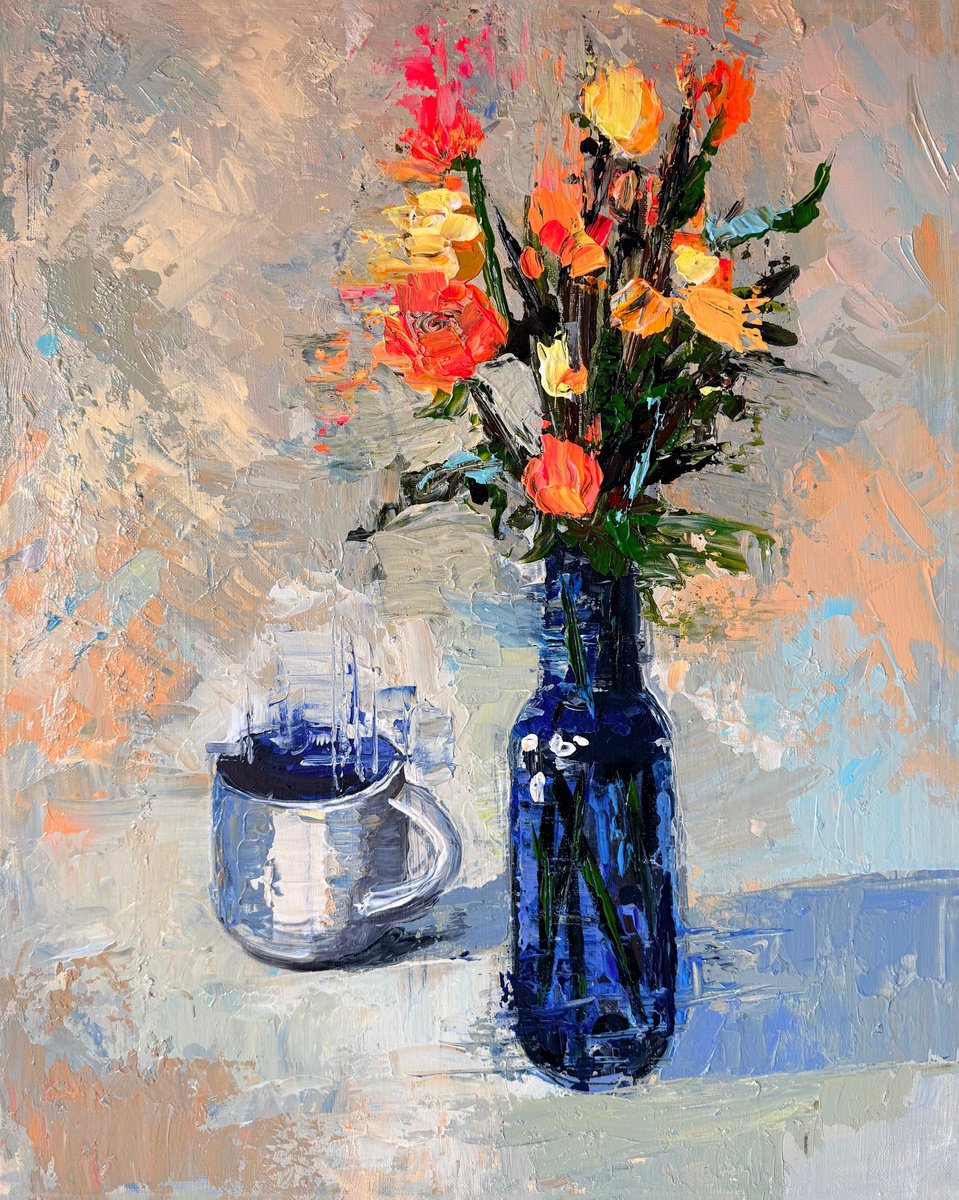 Blue Vessel And Morning Flowers By Maria Kireev, 16 X 20, Artwork For Sale On Artfinder
