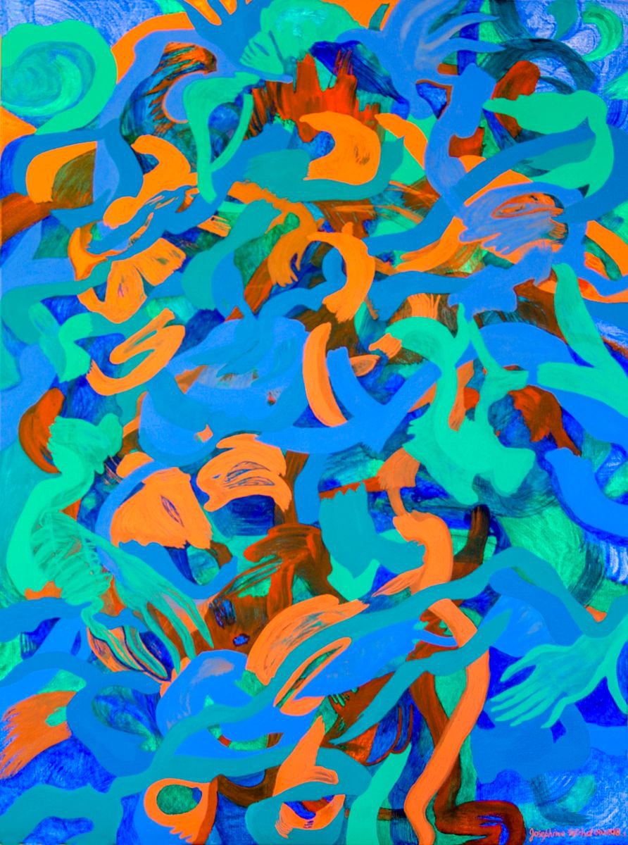 Organic Abstract Acrylic Painting By Josephine Window, 30 X 40", Orange Flower Dance, Original Artwork