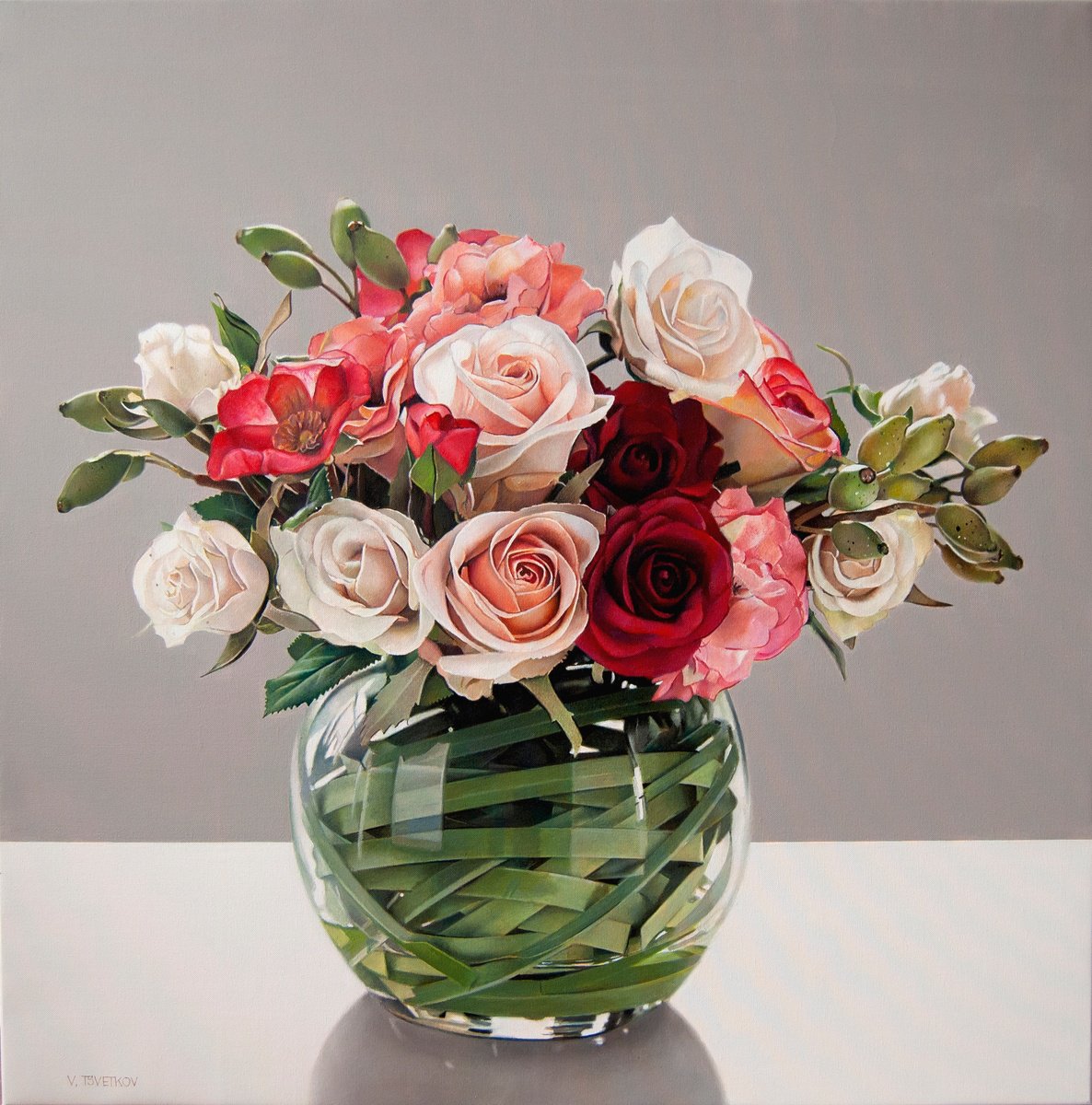 Photorealistic Botanical Oil Painting By Valeri Tsvetkov, 28 X 28", Roses, Original Artwork