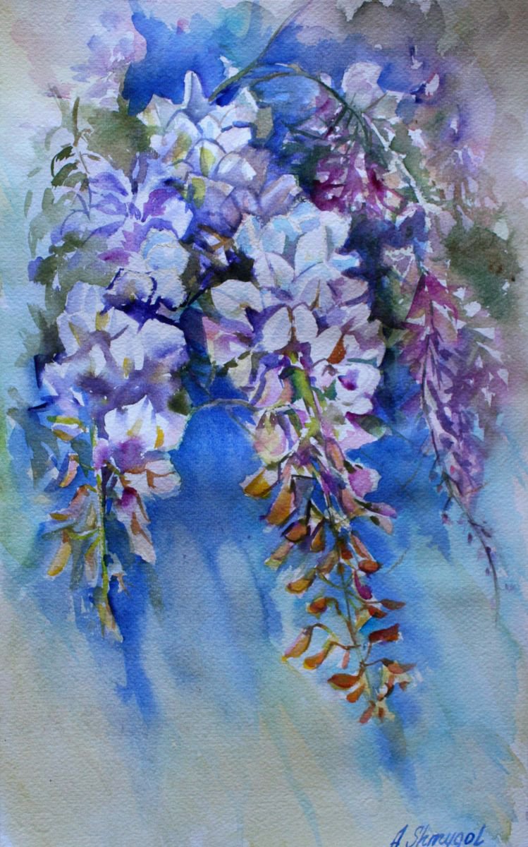 Watercolor flowers, original hand painting, Wisteria, floral fine art, wall art, apartment... by Alina Shmygol