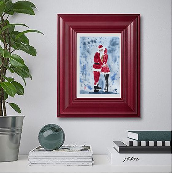 Santa Claus Painting Christmas Original Art Father Christmas Watercolor Love Story Artwork Girl Wall Art 8 by 12" by Halyna Kirichenko