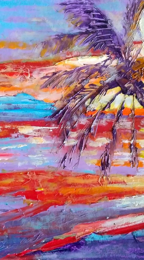 Hawaii Painting Palm Tree Original Art Seascape Impasto Oil Painting Boat Small Artwork by Yulia Berseneva