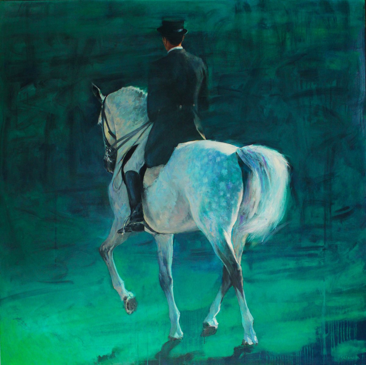 Impressionistic Portrait Oil Painting By Andrei Sitsko, 55 X 55, Emerald Shine. Horse Series., Original Artwork