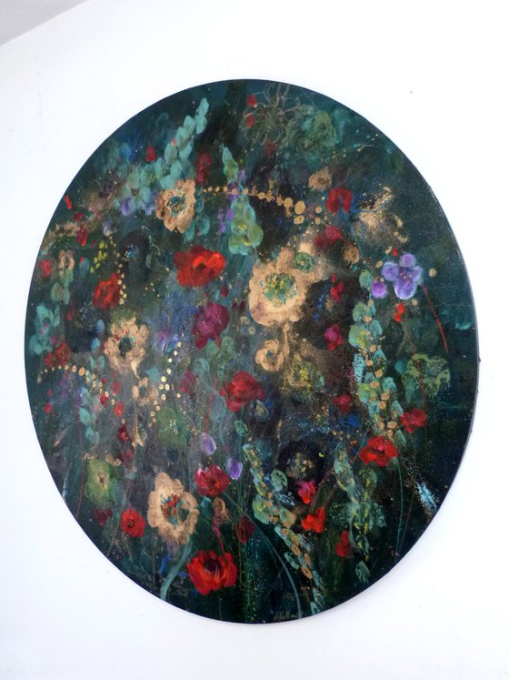 "Flower waves". Tondo round canvas 60cm.