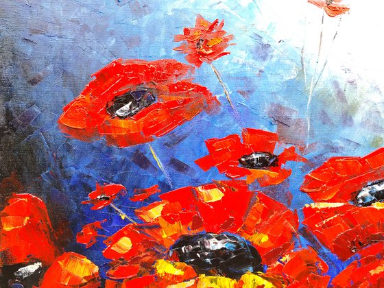 Red flowers (100x60cm, oil painting, palette knife)