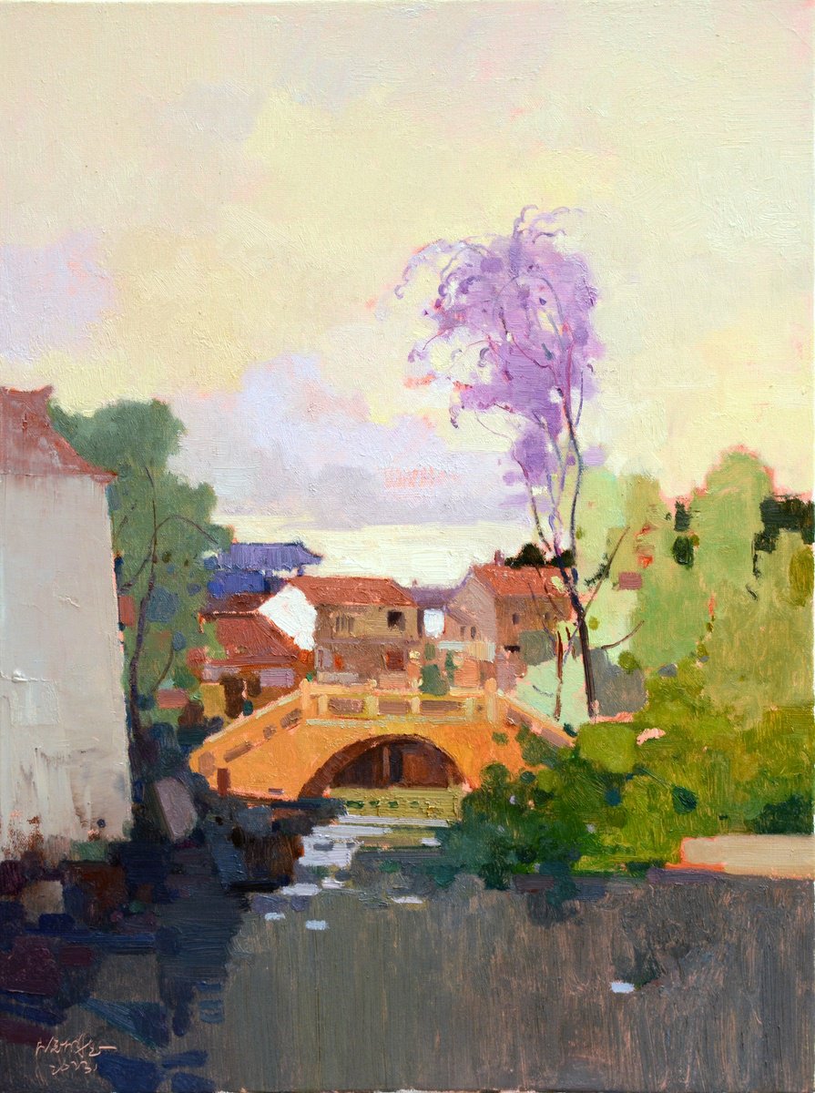 Impressionistic Landscape Oil Painting By Jianzhe Chon, 24 X 31, Landscape Oil Painting:chinese Town 099, Original Artwork