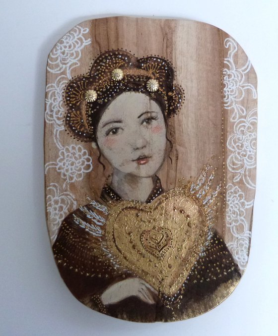 Portrait on wood, woman with a sacred heart. Sacred flight.