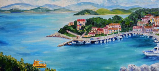 Ships seascape large oil painting on canvas, Greece panorama, coastal home decor