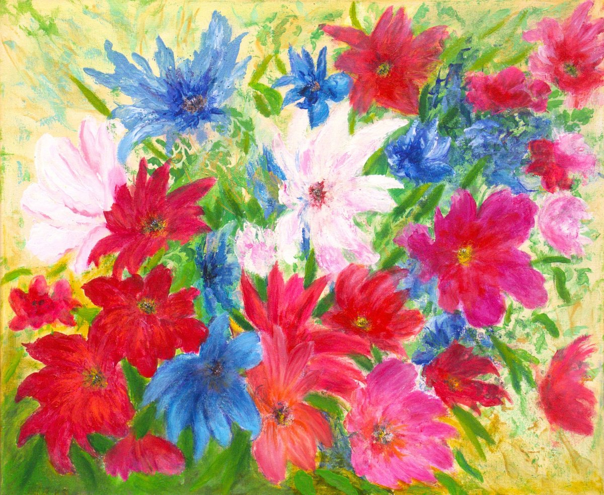 Expressive Botanical Oil Painting By Ludmilla Ukrow, 24 X 20", Colorful Flowers, Original Artwork