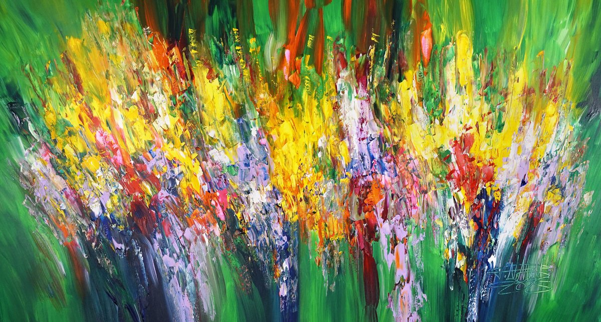 Abstract Acrylic Painting By Peter Nottrott, 61 X 33", Green Daydream L 6, Original Artwork