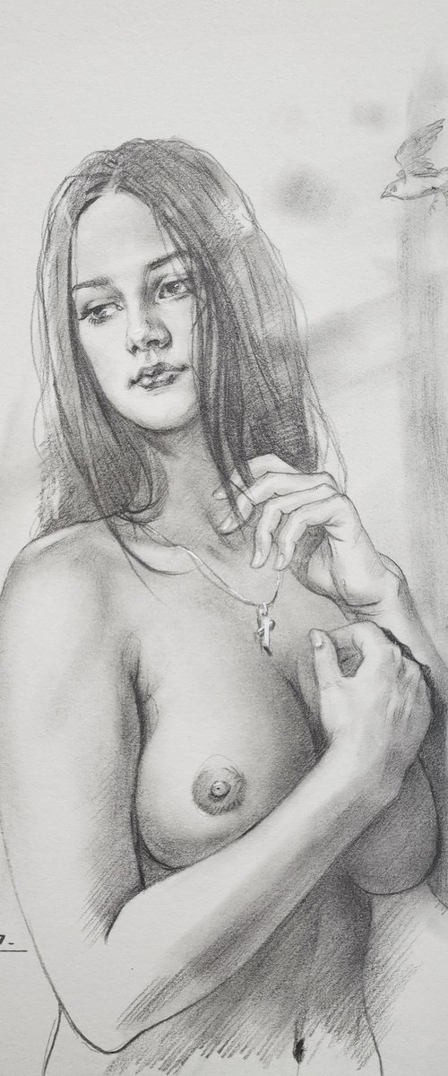 Woman wearing a necklace by Hongtao Huang