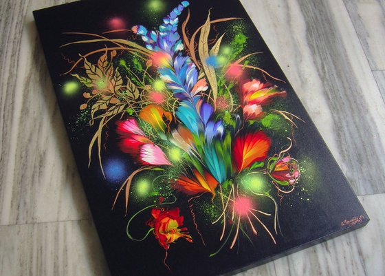 35.4" Night Flowers, Floral Painting