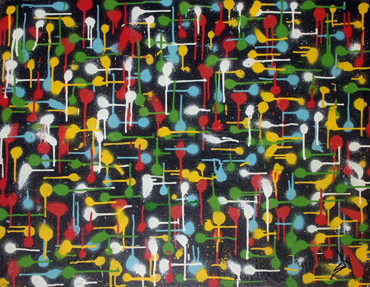 Urban And Pop Abstract Painting By Juan Sly, 30 X 23", Pollock No. 16 (U), Original Artwork
