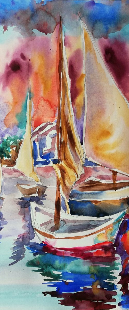 Boats at Sunset by Jelena Djokic