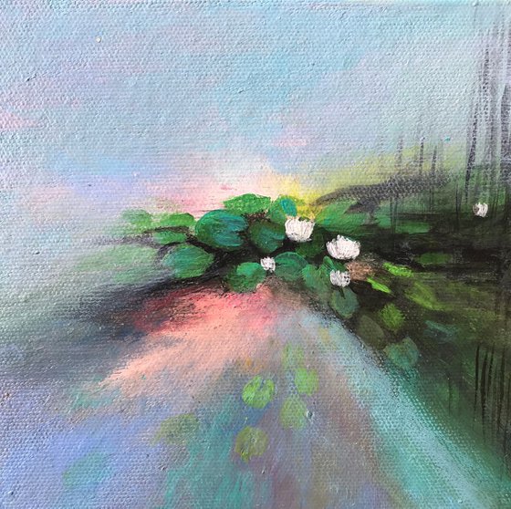 Light Play !! Abstract white water lilies !! Small Painting !! Mini Painting !!
