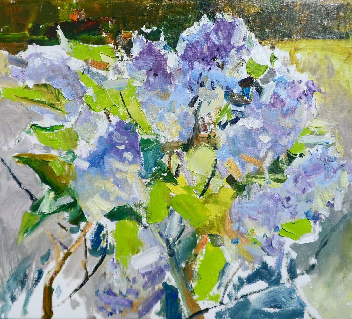 Impressionistic Landscape Oil Painting By Yehor Dulin, 20 X 18", "Lilac Blossoms ", Original Artwork