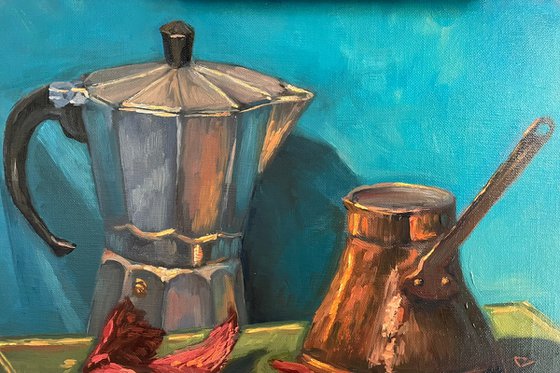 Coffee pots, books and autumn leaves - still life