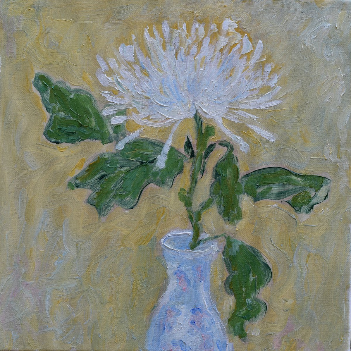 Impressionistic Botanical Oil Painting By Elena Zapassky, 12 X 12, White Chrysanthemum, Original Artwork