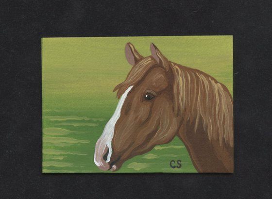 ACEO ATC Original Miniature Painting Chestnut Pony Horse Farmyard Art-Carla Smale