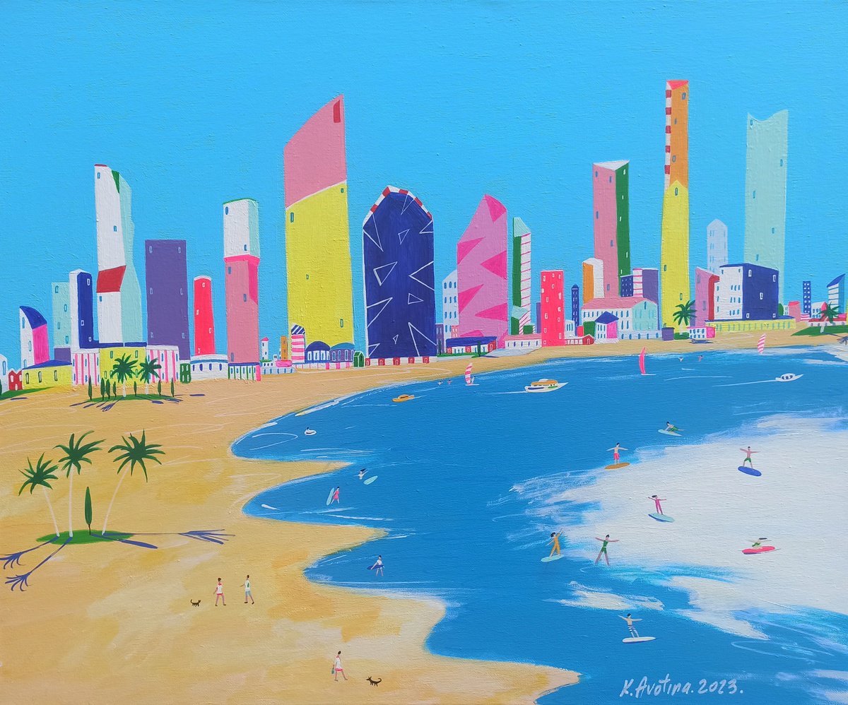 Impressionistic Landscape Acrylic Painting By Katrina Avotina, 24 X 20", Catch The Waves On Golden Coast, Original Artwork