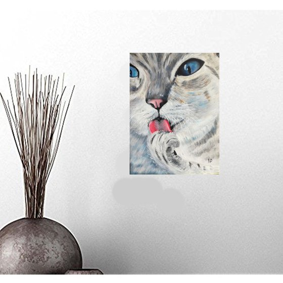 Cat's pleasure, animal portrait, gift, small, original oil painting