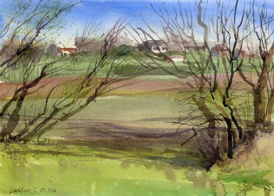 Spring watercolor landscape in the park