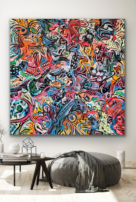 75''x 75''(190 x 190 cm), Life in Colors 32, blue, pink, cream, green black, texture, land earth colors canvas art  - xxxl art - abstract art painting- extra large art