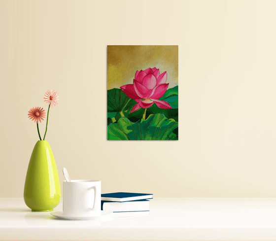 Sunkissed pink lotus! Small ready to hang painting