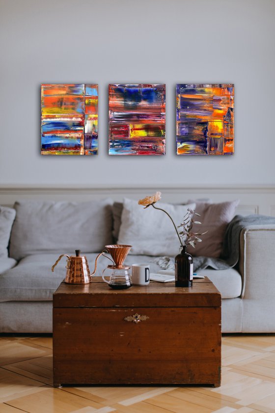 "Intermediary" - FREE USA SHIPPING - Original PMS Abstract Triptych Oil Paintings On Canvas - 48" x 20"