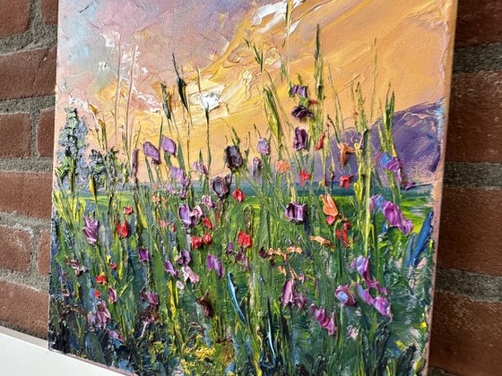 Yellow sunset with flowers