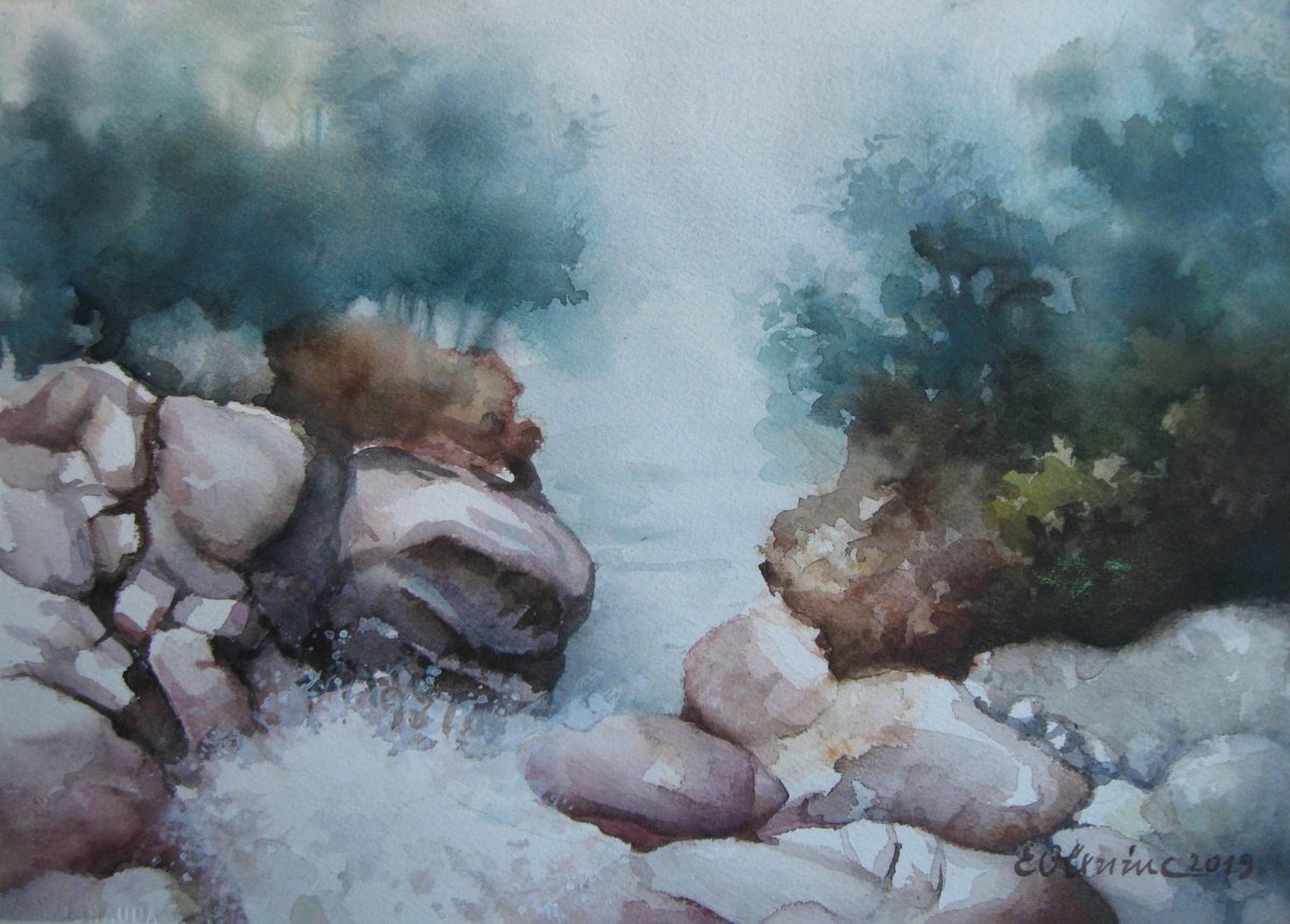 Impressionistic Landscape Watercolour By Elena Oleniuc, 15 X 11, Rocks, Original Artwork
