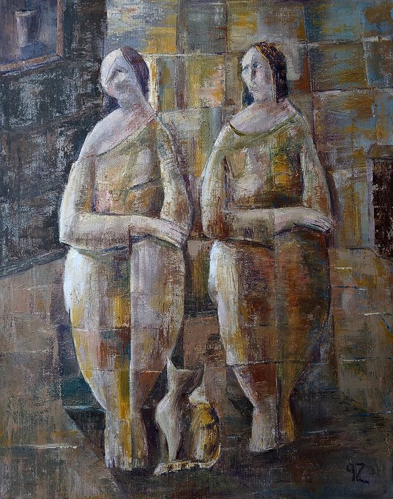 Two Women and a Cat