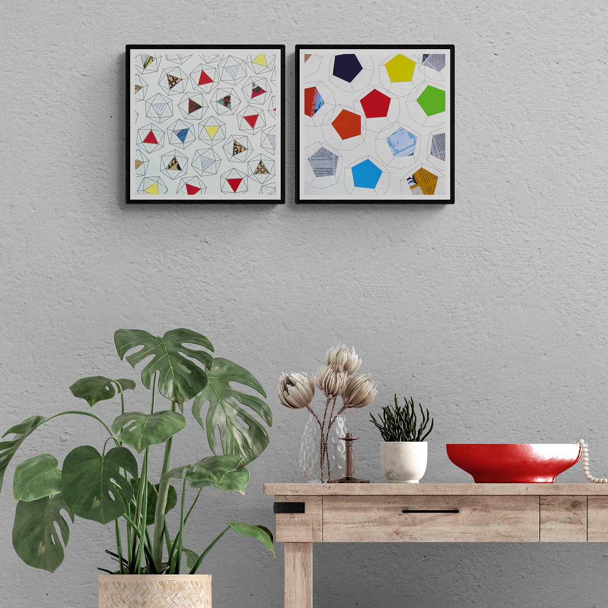 Geometric Abstract Collage By Manel Villalonga, 12 X 12", 61 Polyhedron, Original Artwork