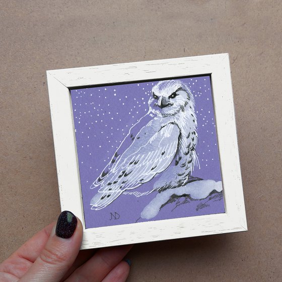 White owl bird watercolor painting original 4x4, Original bird ink sketch on purple backgroung artwork framed, Christmas gift