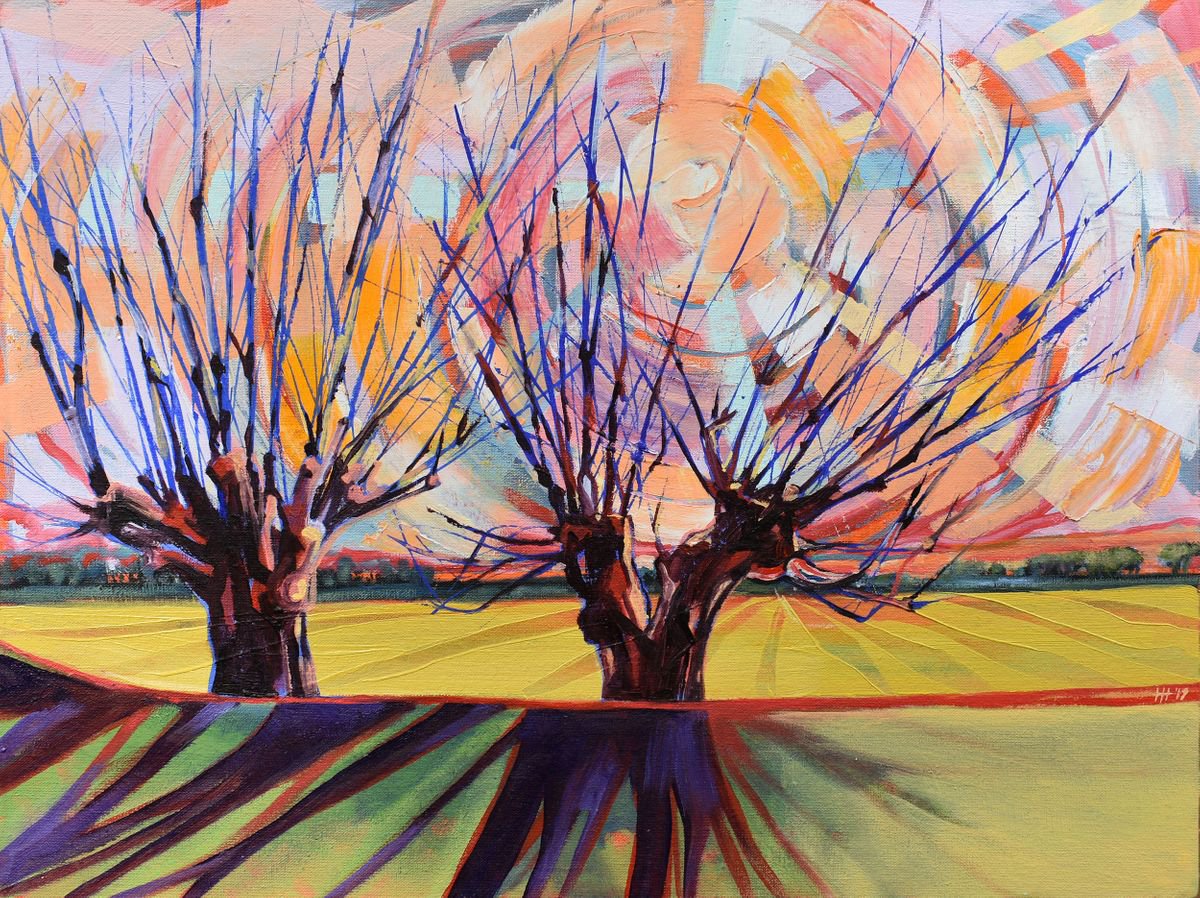 Expressive Landscape Oil Painting By Hilde Hoekstra, 17 X 13, Late Afternoon In Early Spring, Original Artwork